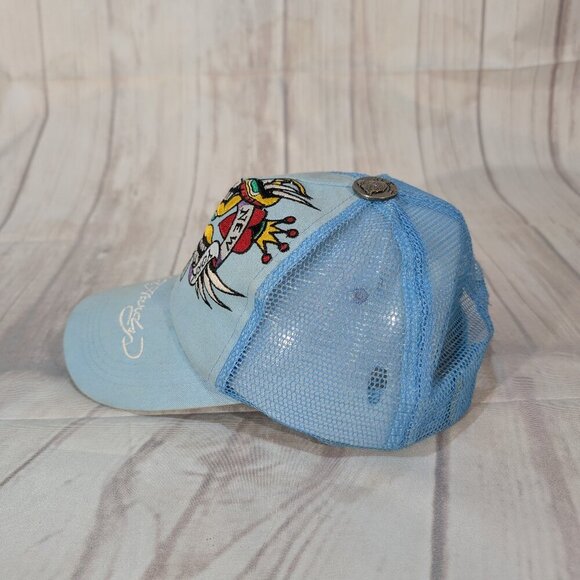 Ed Hardy Vintage Tattoo Wear Light Blue Skull Wing New York City Trucker Cap - Picture 4 of 10